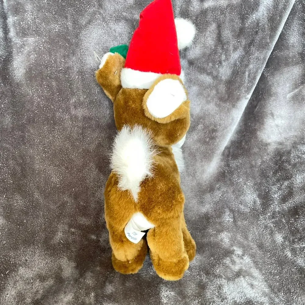 Vintage Reindeer Plush Christmas Stuffed Animal Wearing Santa Hat Toy TAGS